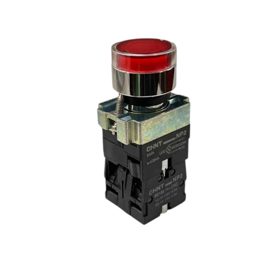 A red push-button switch with a black base, silver metal collar, and printed technical specifications on the side, isolated on a white background.