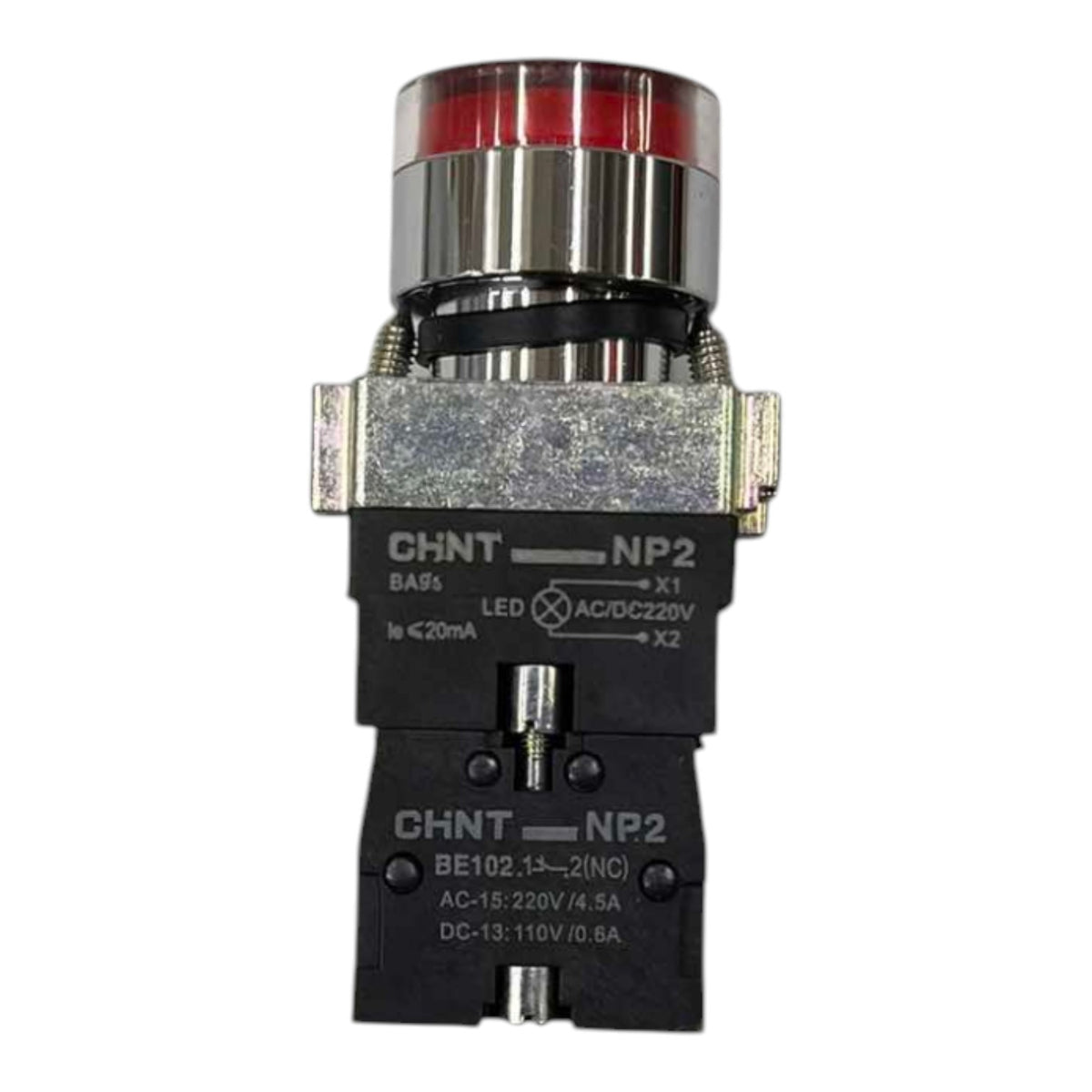 A CHNT NP2 AC/DC 220V push-button relay with a red LED indicator light on a clean white background.