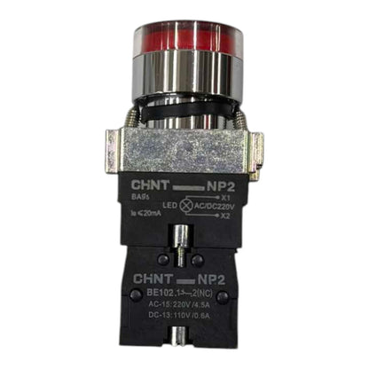 A CHNT NP2 AC/DC 220V push-button relay with a red LED indicator light on a clean white background.
