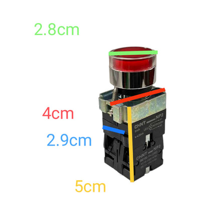 A red push-button switch with overlaid dimension labels showing 2.8cm across the button top, 4cm for the total height, 2.