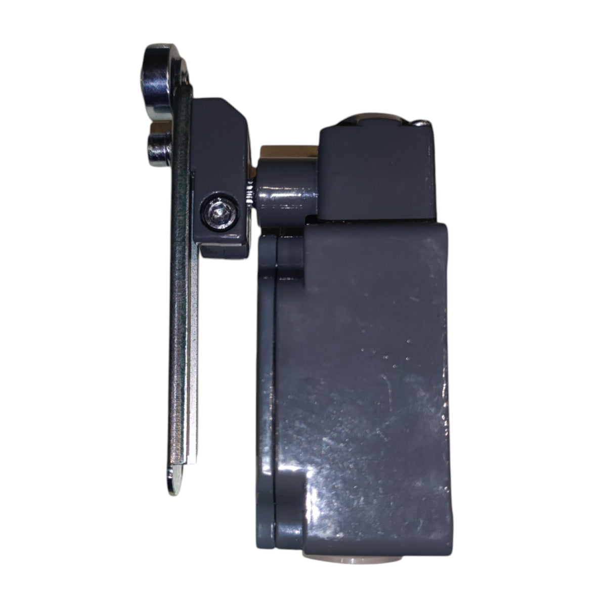 A black metal door stopper or latch mechanism with a flat rectangular block and a vertical arm, shown against a plain white background.