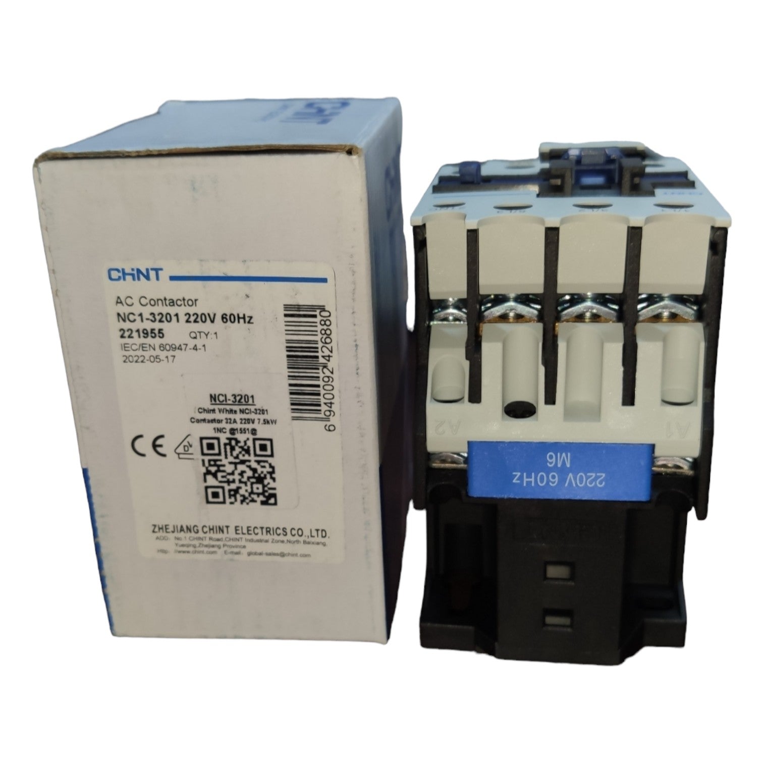 Chint contactor with packaging on a white background