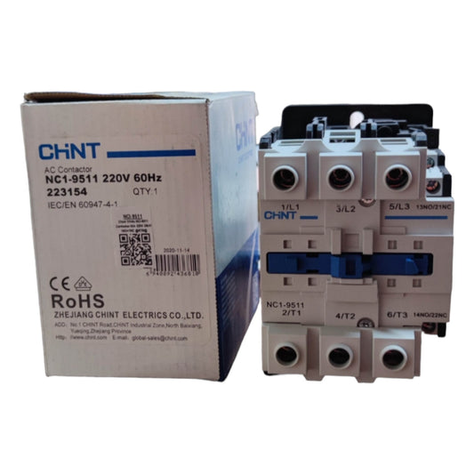 Chint contactor with packaging on a white background