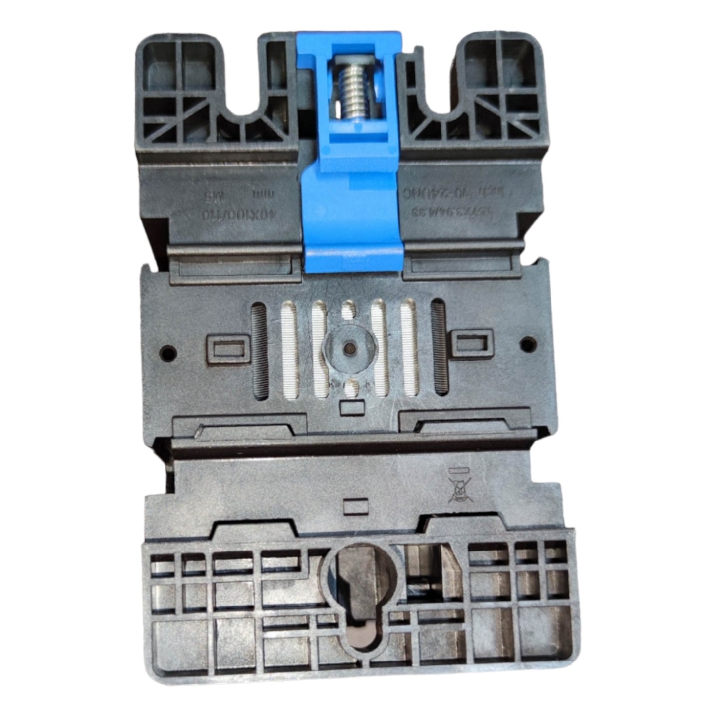 Mechanical component with blue and gray colors on a white background