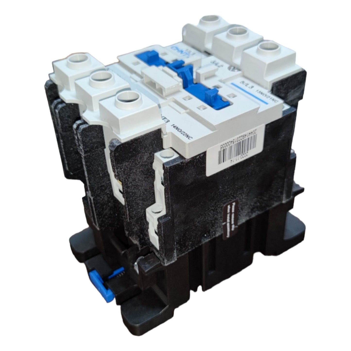 Electrical contactor with black housing and white and blue components on a white background