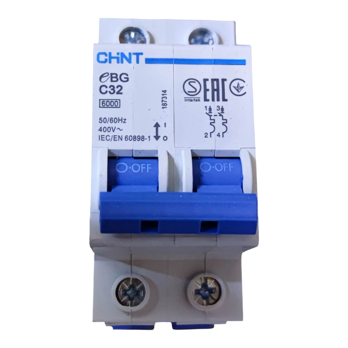 CHNT BG C32 6000A two-pole circuit breaker with blue handles and white plastic housing, shown on a plain white background.