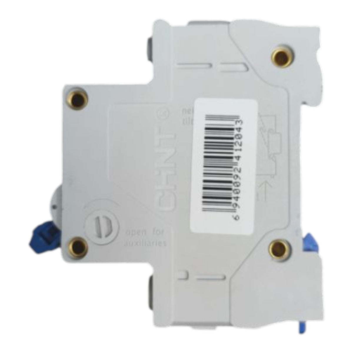 A CHINT brand industrial electrical auxiliary contact component, featuring a light gray plastic housing with brass screw terminals, blue connector ends, and a white barcode label.
