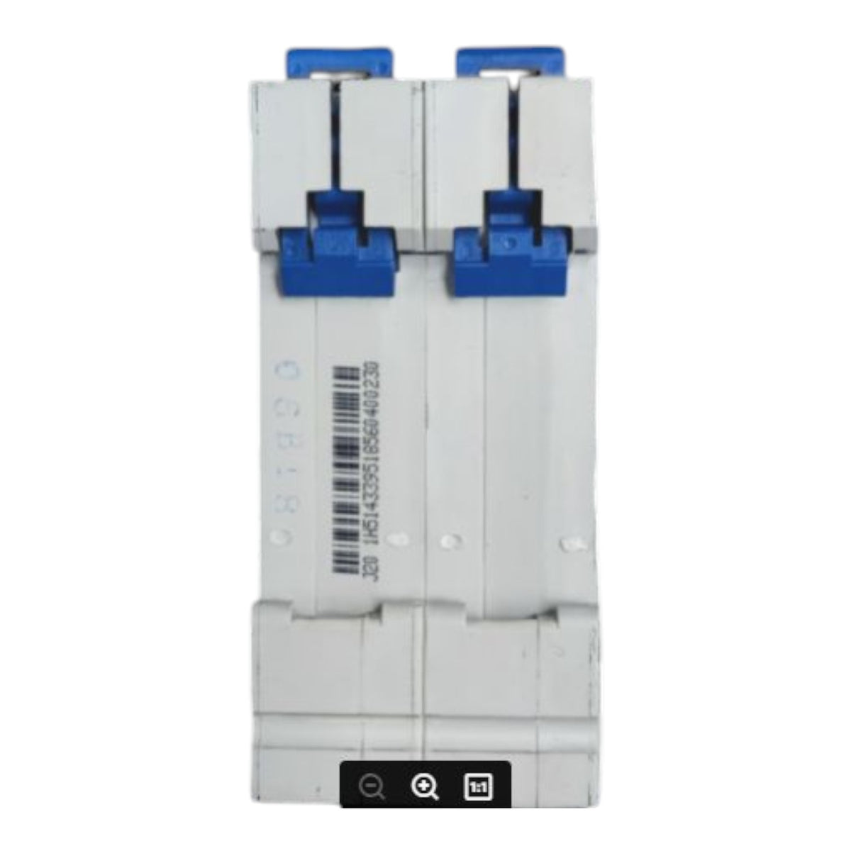 A double-pole circuit breaker with a white plastic housing and blue latch components, shown against a plain white background.