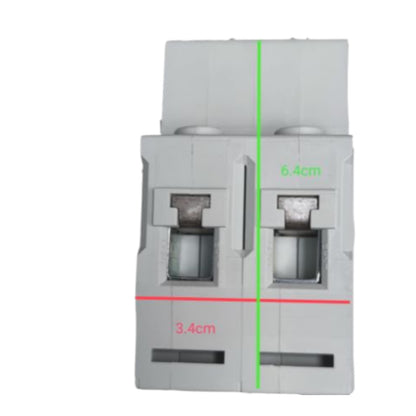 A light gray plastic electrical terminal block or connector component shown on a white background, with red, green, and blue measurement lines and text indicating dimensions 3.4cm, 6.