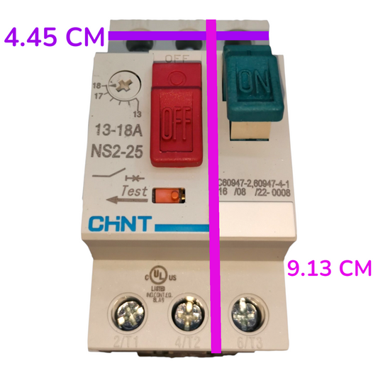 CHNT NS2-25 13-18A molded circuit breaker with dimension overlays showing 4.45 cm width and 9.