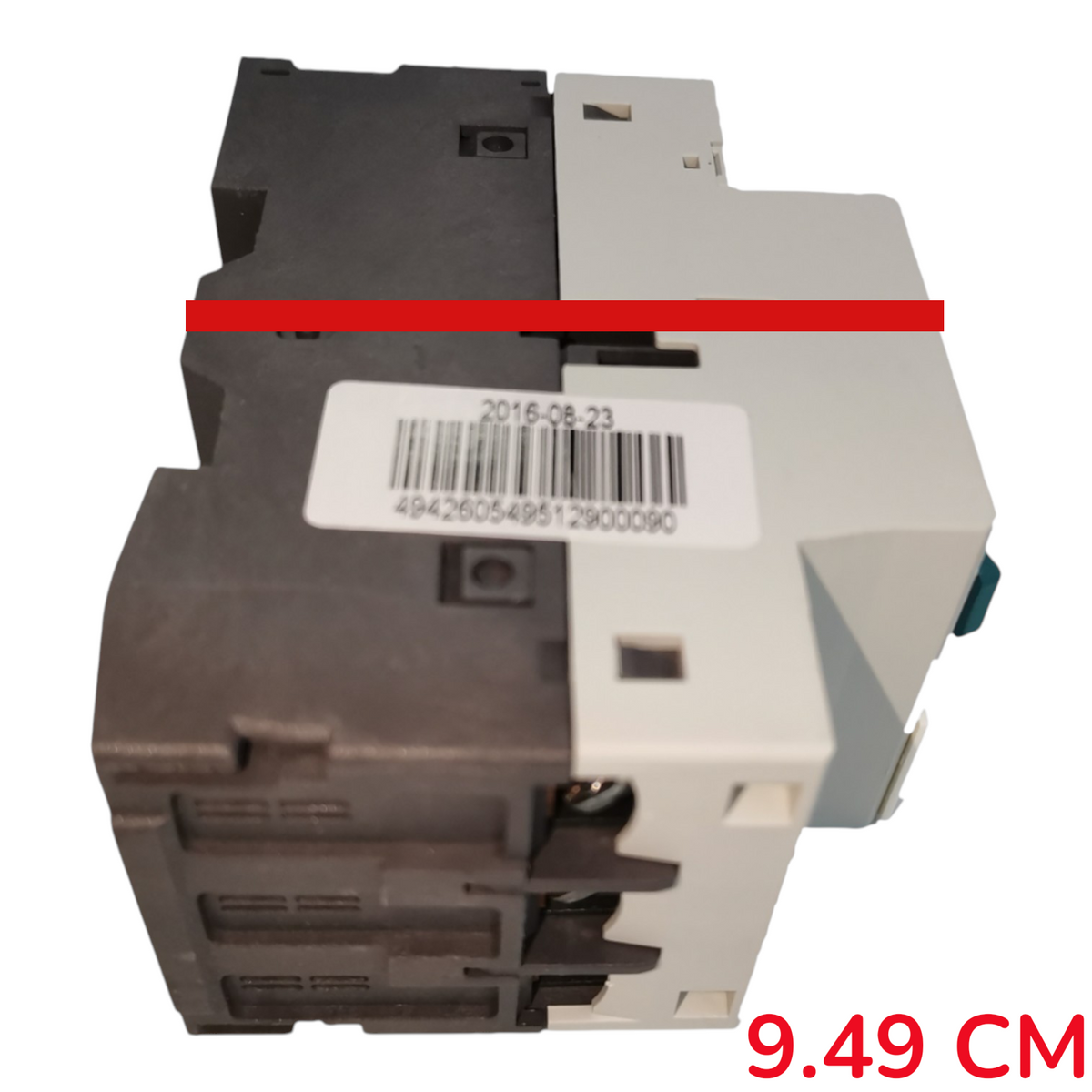 A small industrial electrical component or module shown on a plain white background, with a red horizontal line across the middle and red text reading 9.49 CM in the lower right corner.