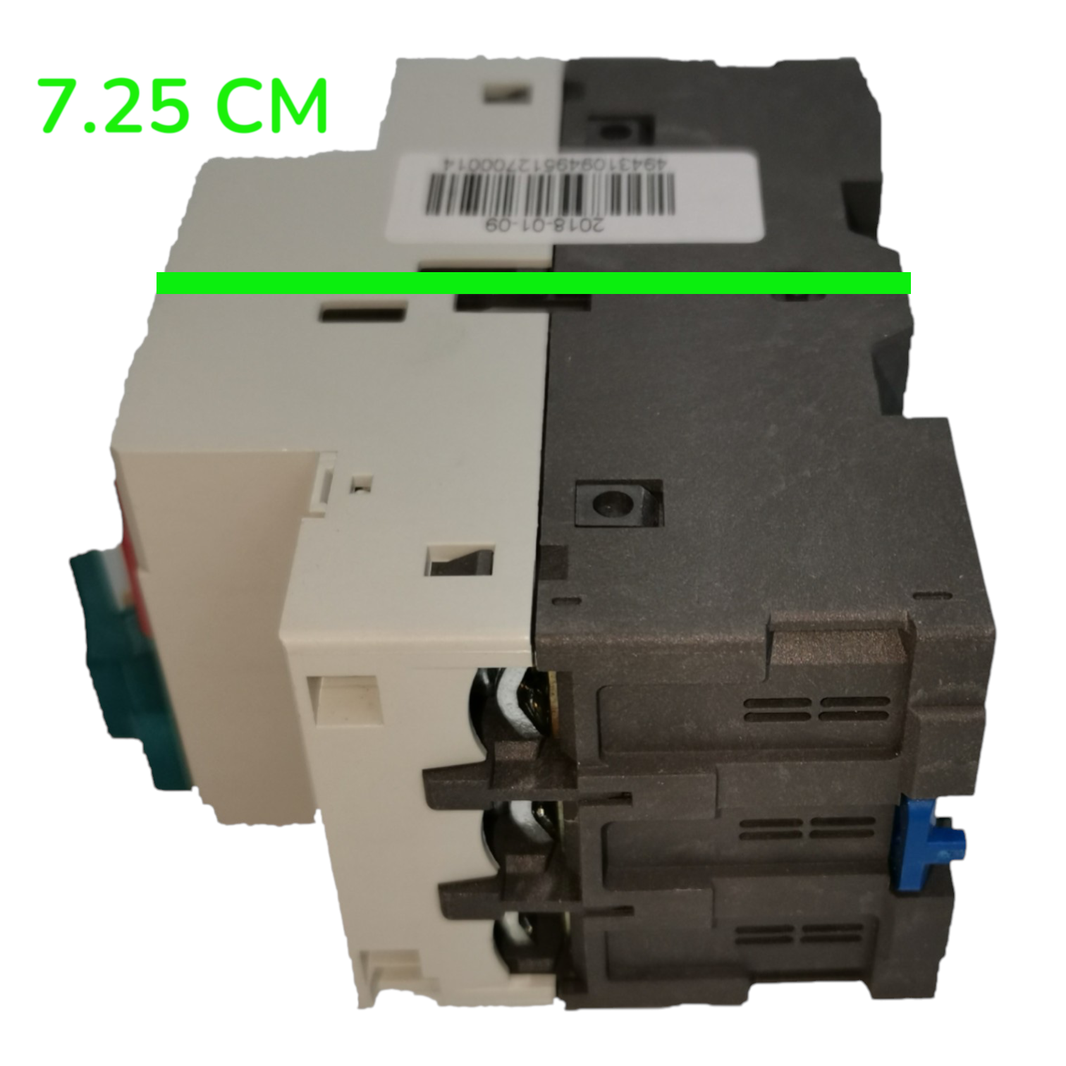A close-up of an electrical contactor or relay component with a green horizontal measurement line and the text '7.25 CM' indicating its width.