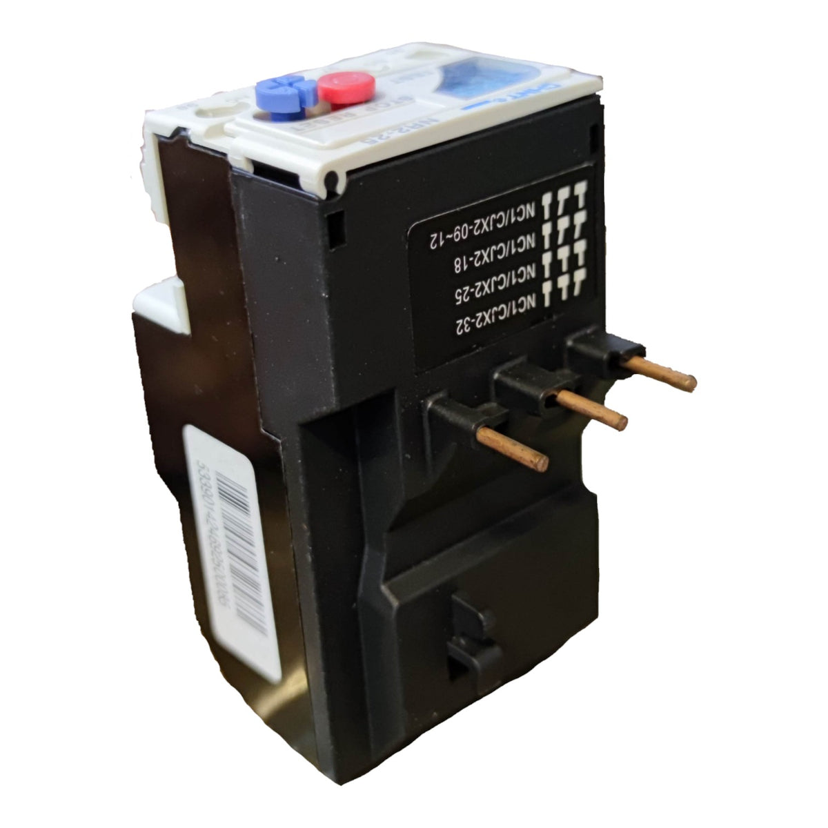 A black plastic electrical contactor or relay component with a white top cover, blue and red buttons, and three metal terminals, shown on a plain white background.