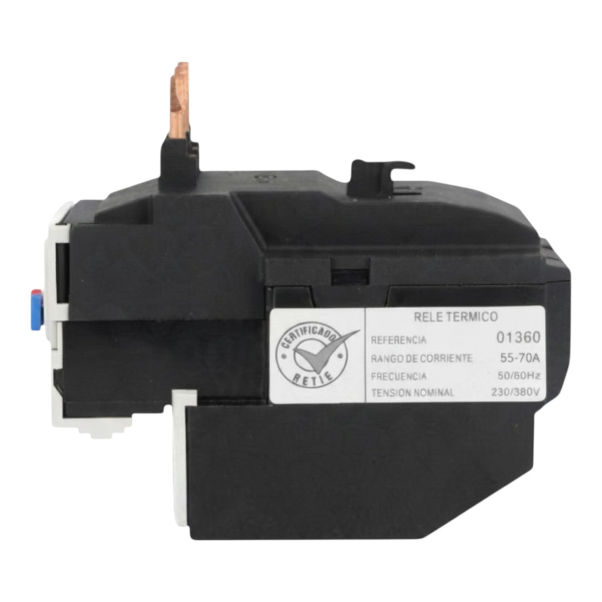 A black thermal relay electrical component with a white label, featuring a copper-colored terminal and a blue terminal, shown on a white background.