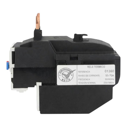 A black thermal relay electrical component with a white label, featuring a copper-colored terminal and a blue terminal, shown on a white background.
