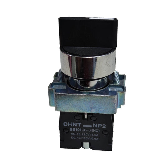 A CHNT NP2 AC-DC contact relay component with a black rectangular button, a shiny silver metal cylinder, and a blue-gray metal base, isolated on a white background.