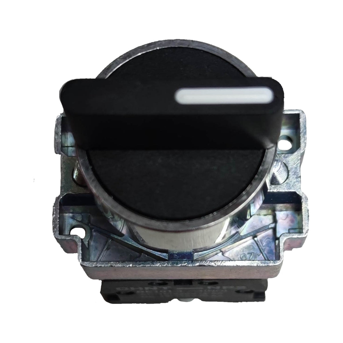 A close-up of a black rotary switch knob with a silver metal base on a white background.