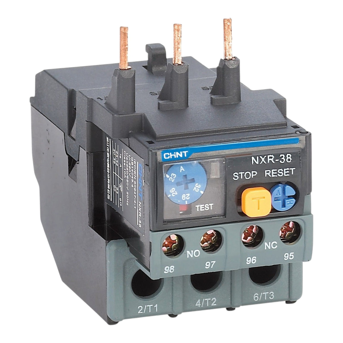CHINT NXR-38 thermal overload relay with a dark gray plastic housing, a blue front label, copper-colored terminal posts, and a test button.