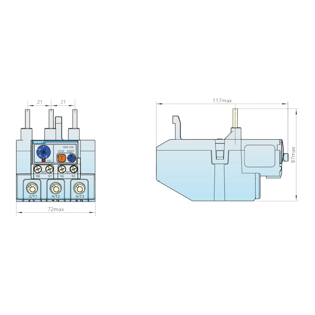 Technical line drawing showing two views of an electrical component with dimension annotations, including front and side profiles with measurements such as 72max, 117max, 80max, and 21.