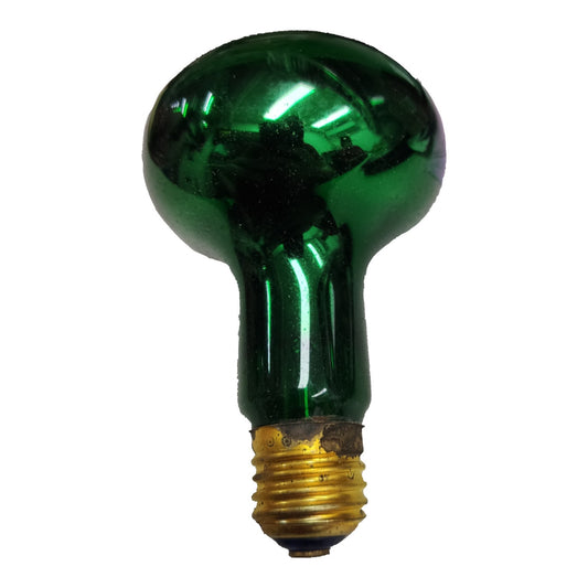 A vintage green glass incandescent light bulb with a gold screw base, shown against a plain white background.