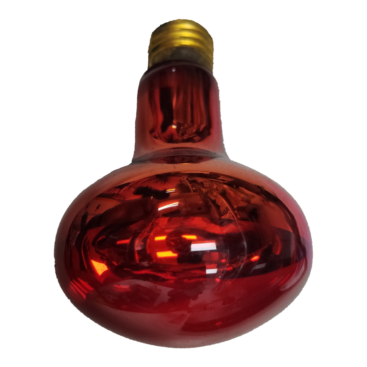 A single red glass light bulb with a gold screw base, isolated on a white background.