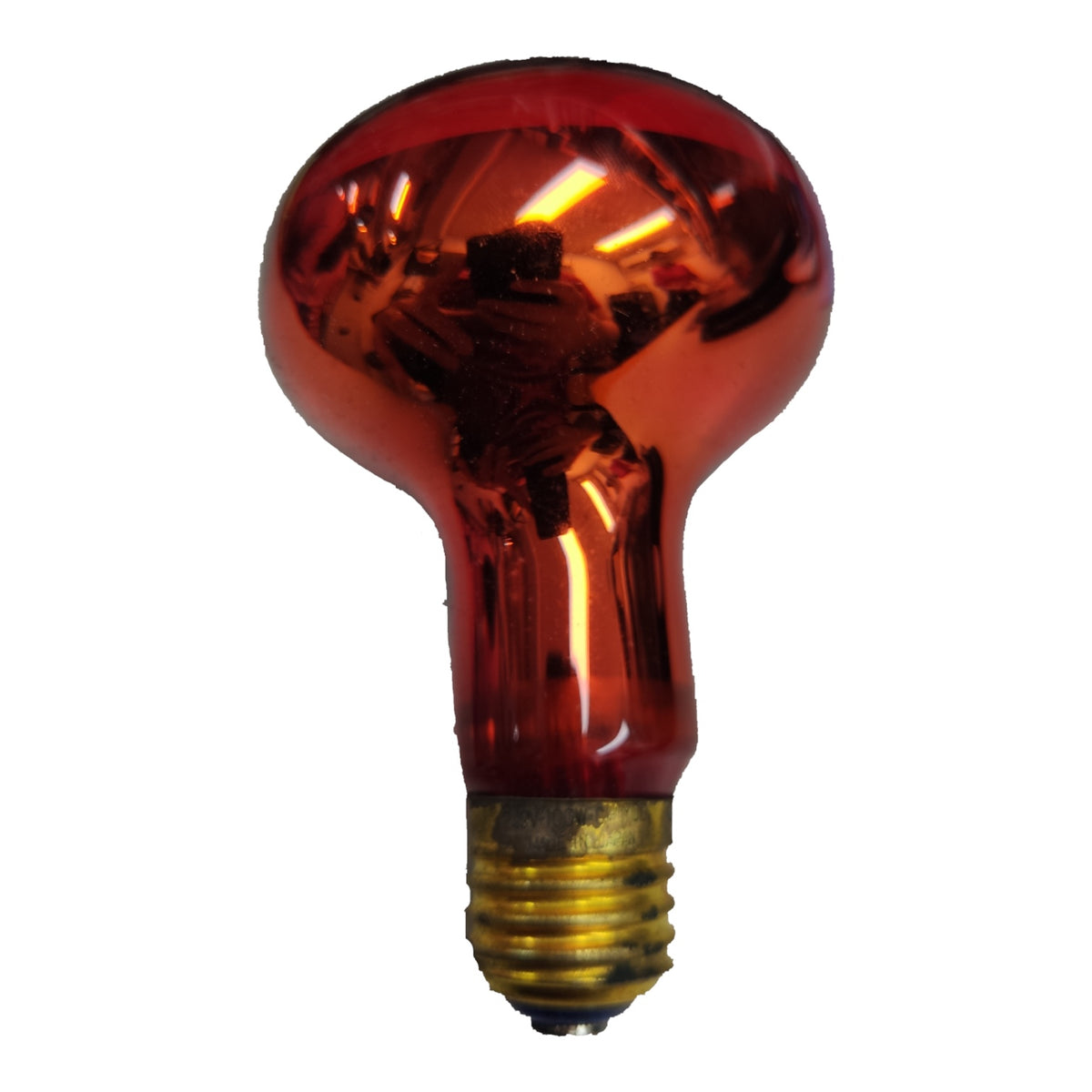 A red glass incandescent light bulb with a gold screw base, shown against a plain white background.