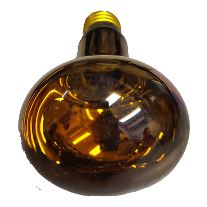 An amber brown glass incandescent light bulb with a yellow screw base, shown against a plain white background.
