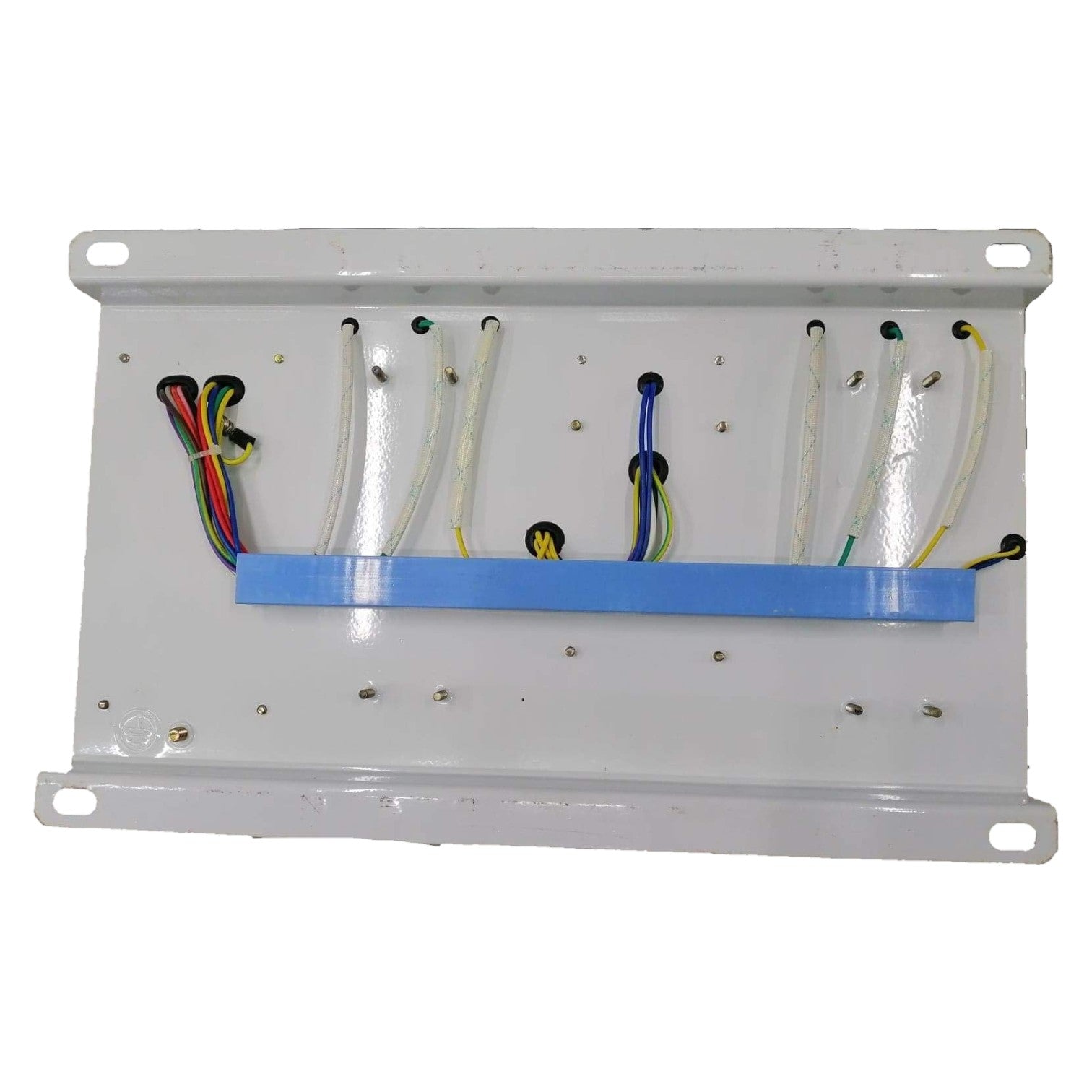 Electrical panel with various wires on a white background