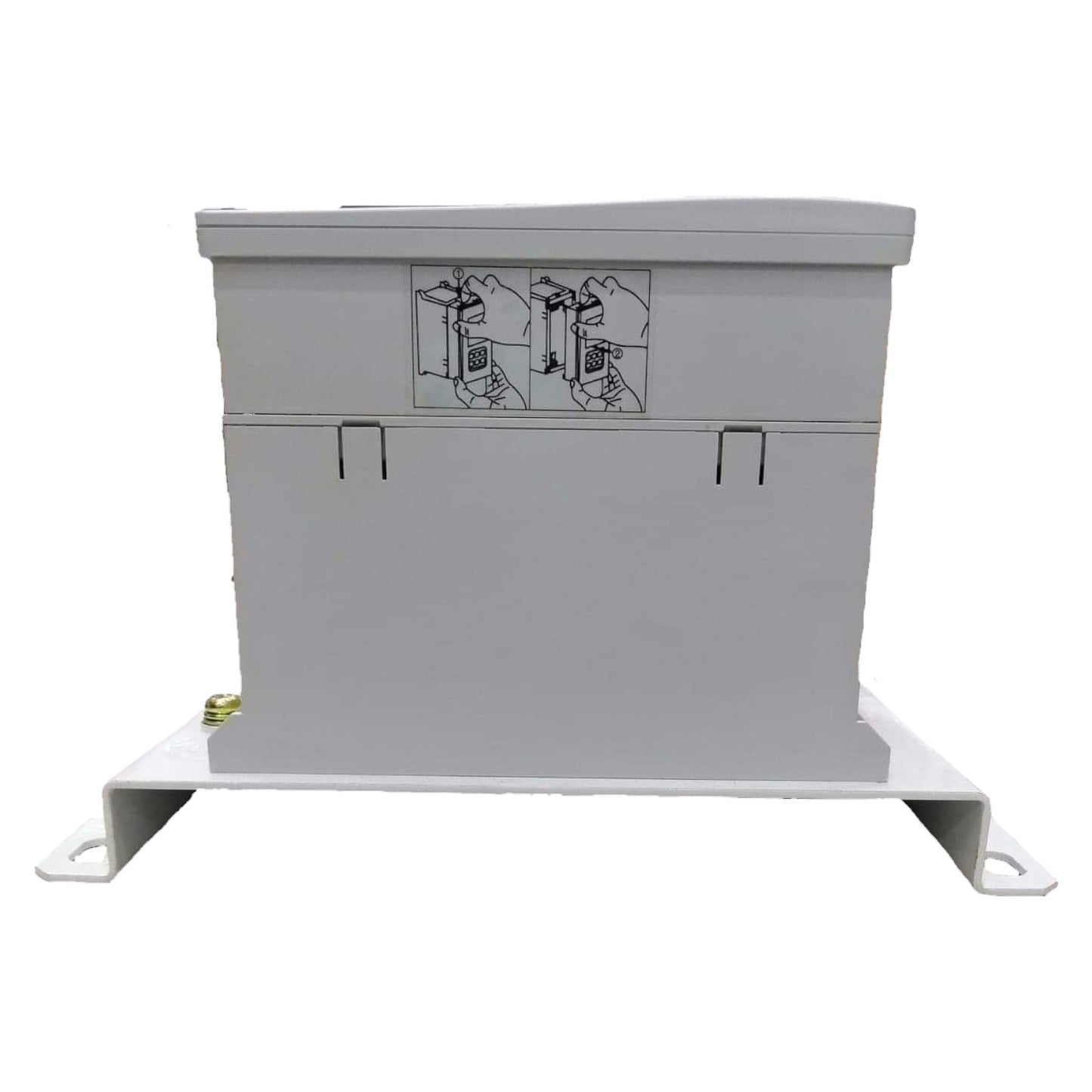 Gray metal bracket with mounting hardware on a white background