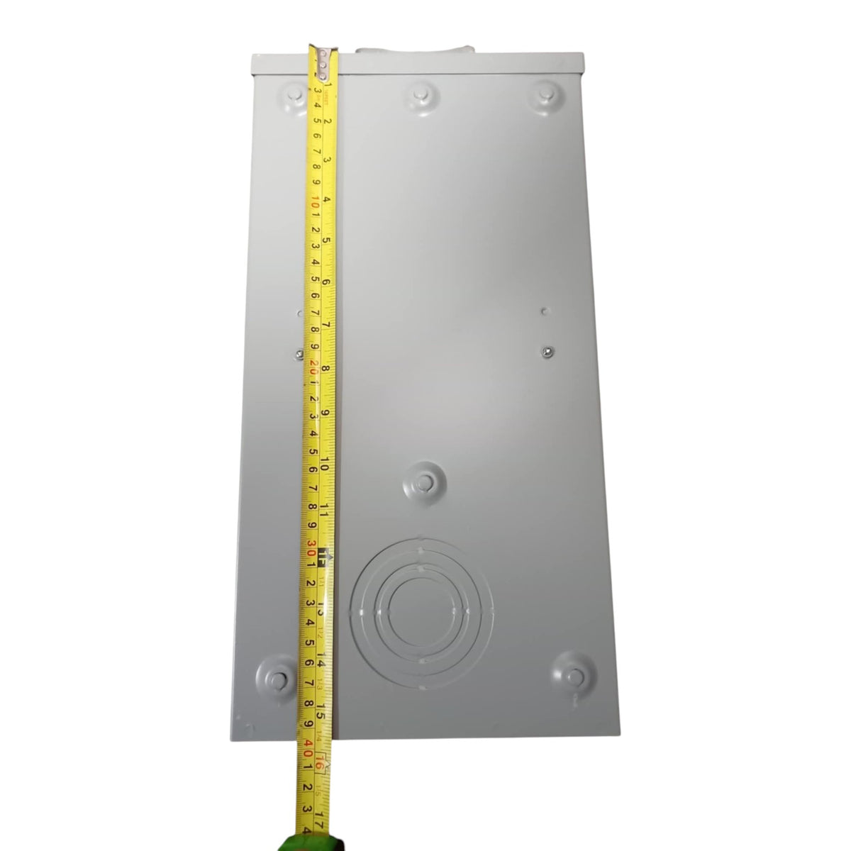 Gray metal box with a yellow measuring tape indicating its dimensions on a white background
