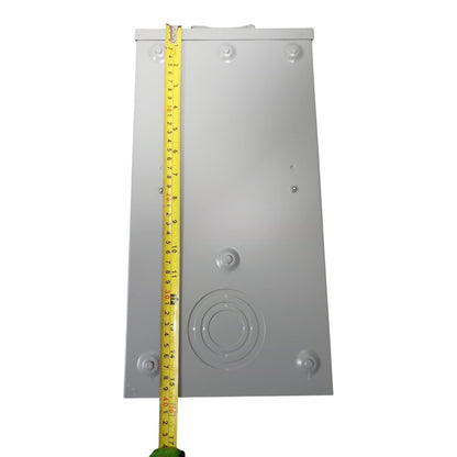 Gray metal box with a yellow measuring tape indicating its dimensions on a white background