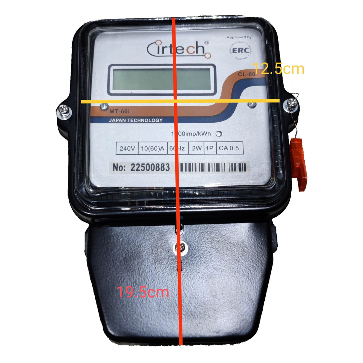 Electric meter with dimensions labeled on a white background Cirtech KWH Meter 60A 2W Single Phase Submeter MT-60i 2 Wire Single Phase LCD Monitor Electx Electrical Supply