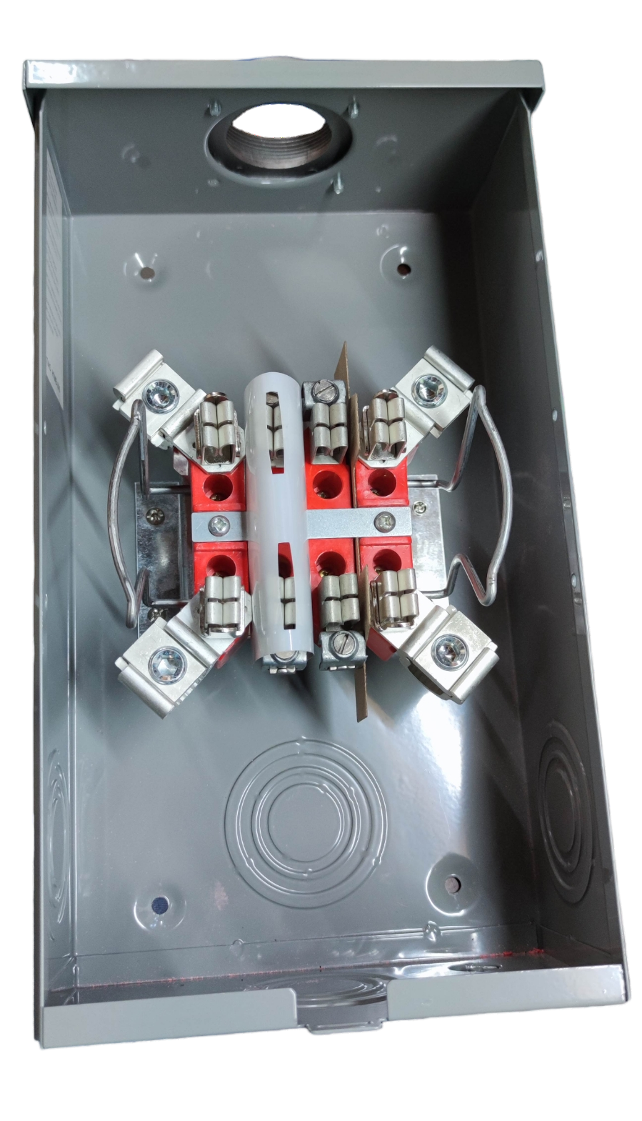 Cirtech KWH Meter Base 2 Inch metal electrical enclosure with red and silver wiring components