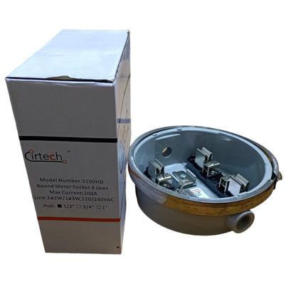 Cirtech electrical socket with packaging on a white background Cirtech Round Meter Base 1/2 inch Hub Electrical Meter Base KWH Meter Base 4 Jaws Electx Electrical Supply