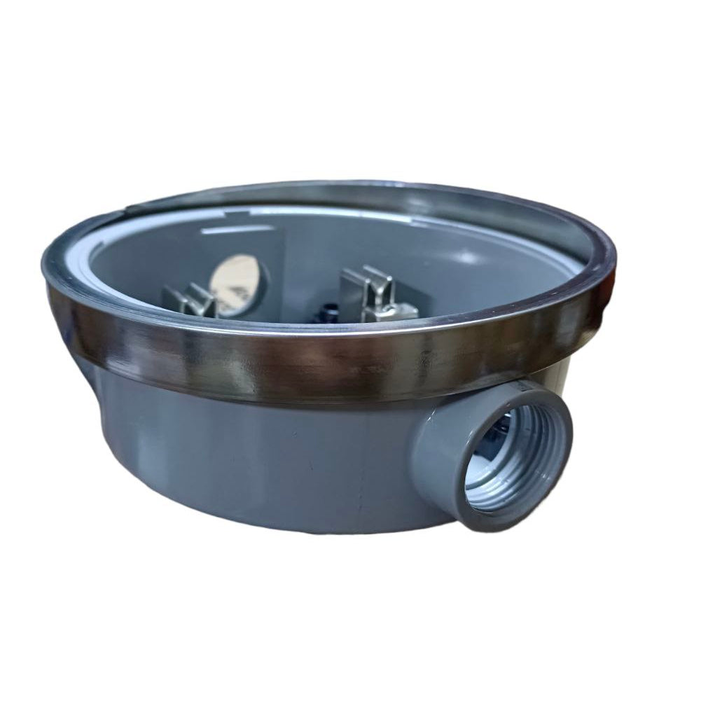 Gray metal valve or fitting on a white background Cirtech Round Meter Base 1/2 inch Hub Electrical Meter Base KWH Meter Base 4 Jaws Electx Electrical Supply