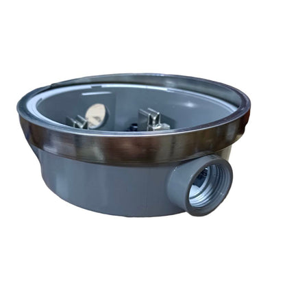 Gray metal valve or fitting on a white background Cirtech Round Meter Base 1/2 inch Hub Electrical Meter Base KWH Meter Base 4 Jaws Electx Electrical Supply