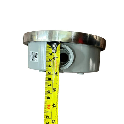 Cylindrical metal component with a tape measure for scale on a white  Cirtech Round Meter Base 1 Inch Hub Electrical Meter Base, KWH Meter base Electx Electrical Supplybackground