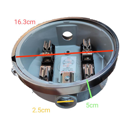 Electrical junction box with measurements labeled on a white  Cirtech Round Meter Base 1 Inch Hub Electrical Meter Base, KWH Meter base Electx Electrical Supplybackground