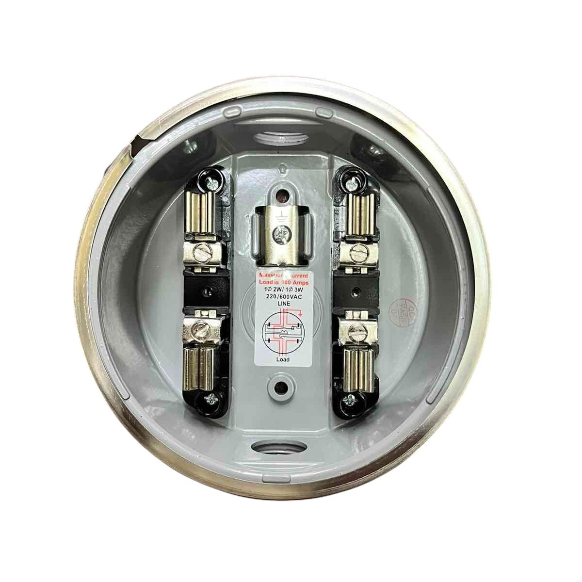 Electrical junction box with three circuit breakers on a white background Cirtech Round Meter Base 1 Inch Hub Electrical Meter Base, KWH Meter base Electx Electrical Supply