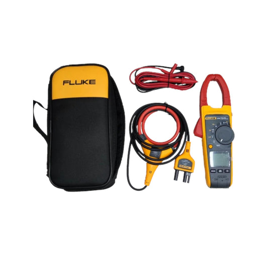 Fluke multimeter kit with a yellow and black carrying case, red and black test leads, and a yellow clamp meter on a white background.