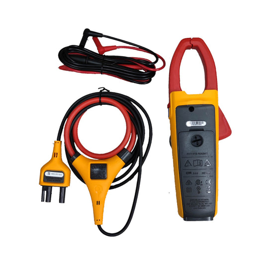 A yellow and red clamp meter multimeter shown with its attached test leads and power cord on a plain white background.
