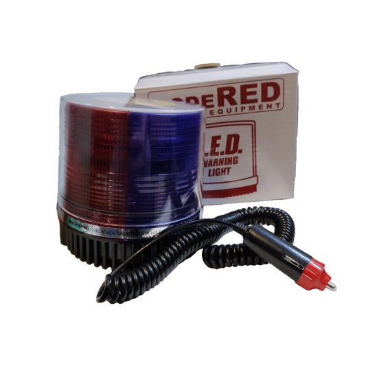 Code Red 12V 24V magnetic base emergency light with red and blue flashing LEDs and a power cord