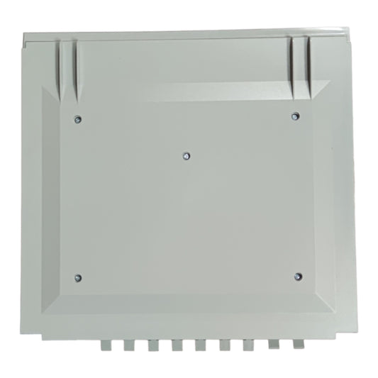 Metallic square panel with rounded corners and embedded screws on a white background