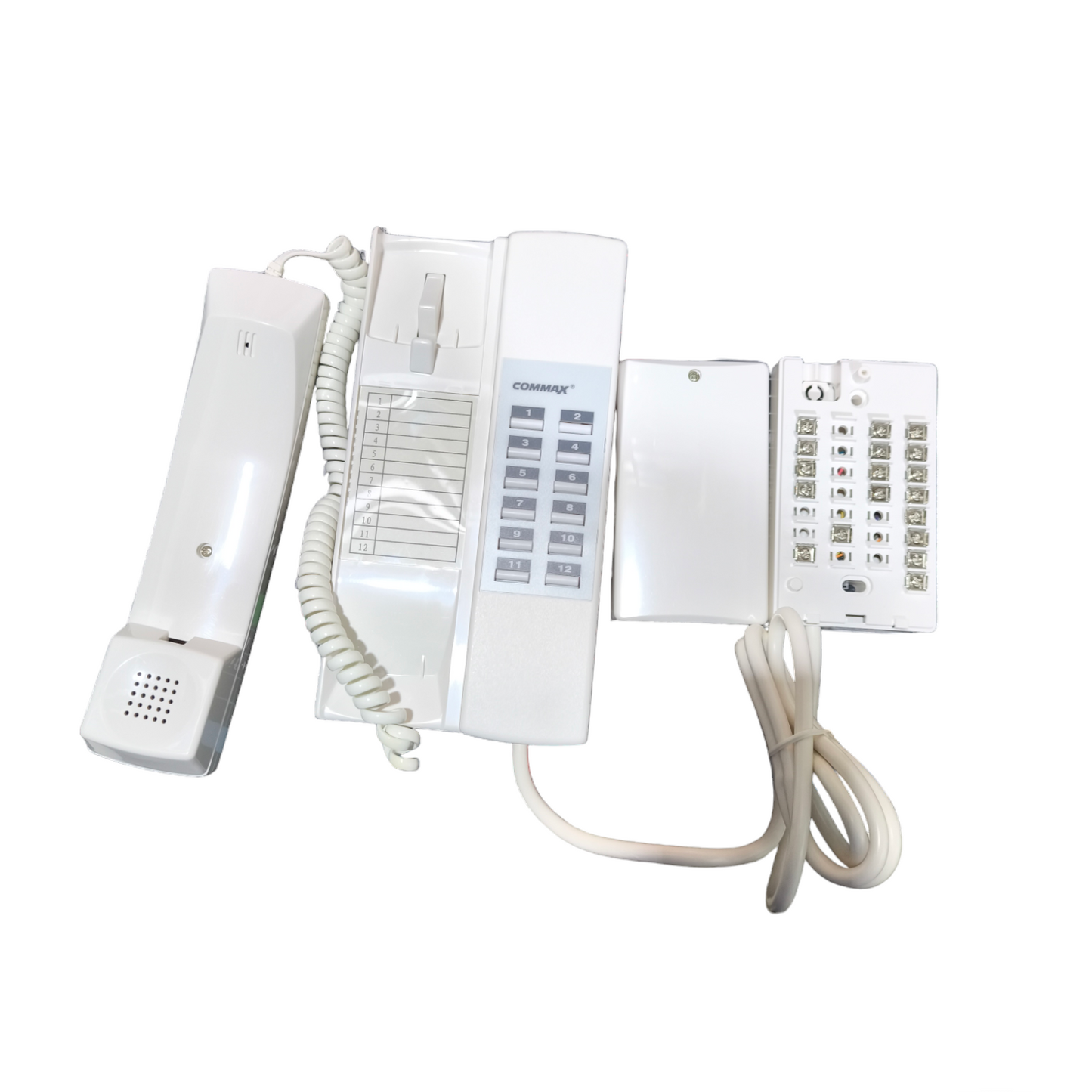 White intercom system with handset and base station on a white background