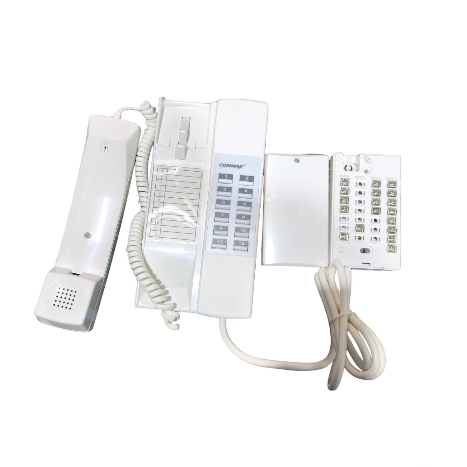 White intercom system with handset and base station on a white background