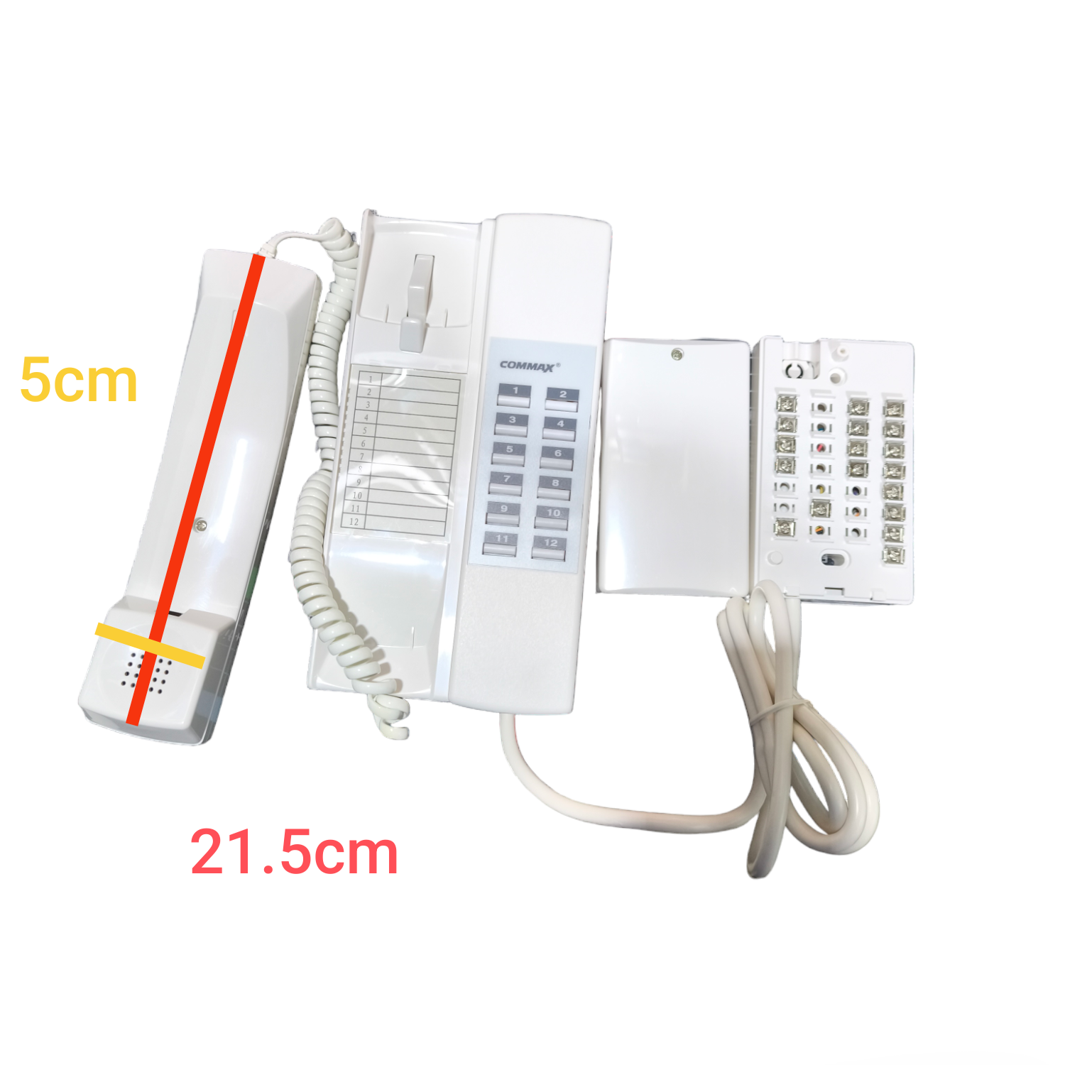 White electronic device with a coiled cable on a white background, showing measurements.