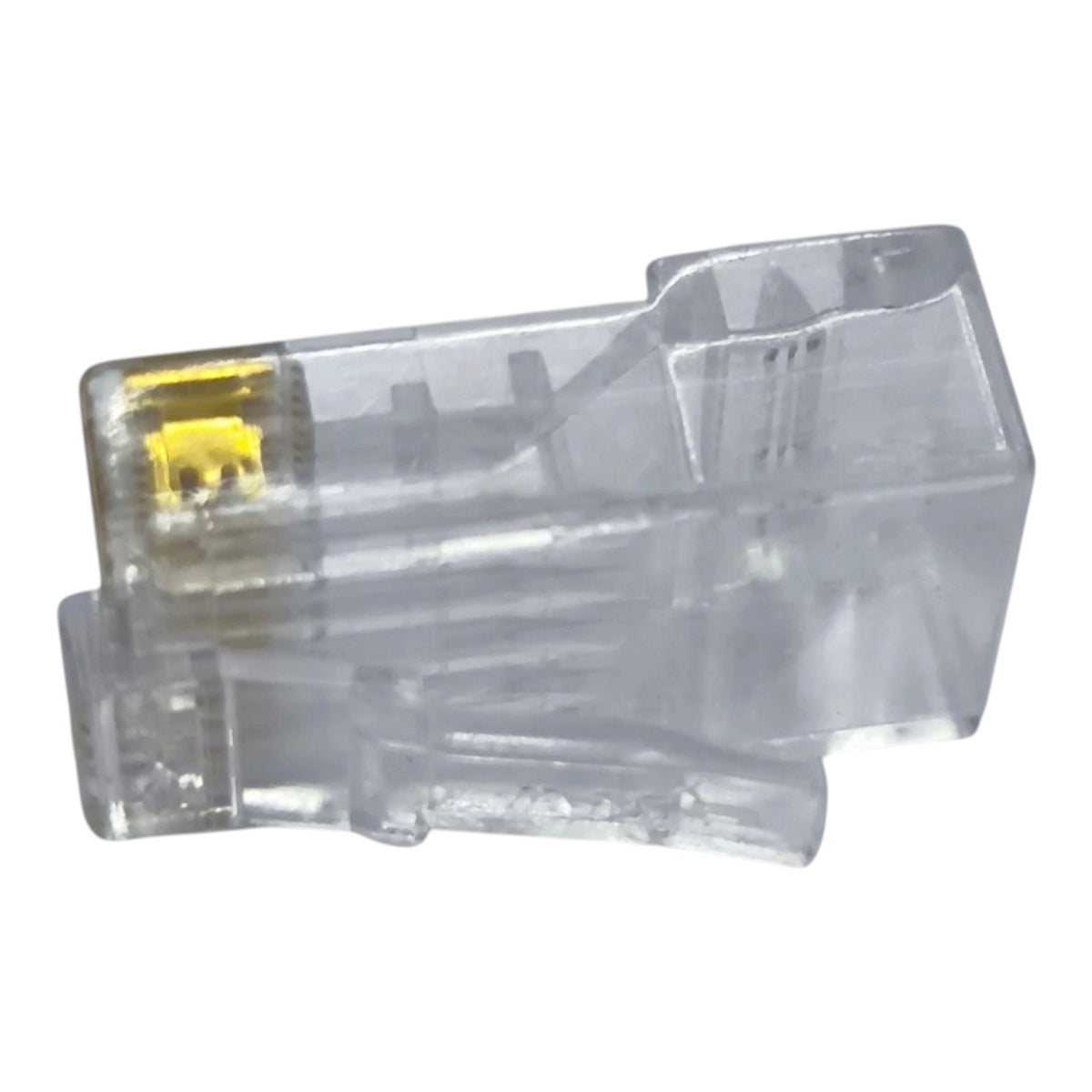 A clear plastic RJ45 network connector with gold-plated internal contacts, shown against a plain white background.