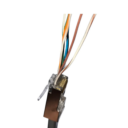 Close-up of an RJ45 Ethernet connector with multicolored twisted pair wires exposed, on a plain white background.