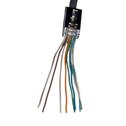 A close-up of a RJ45 Ethernet connector showing the internal wiring with six colored cable strands (brown, gray, orange, green, blue, white) extending downward on a solid white background.