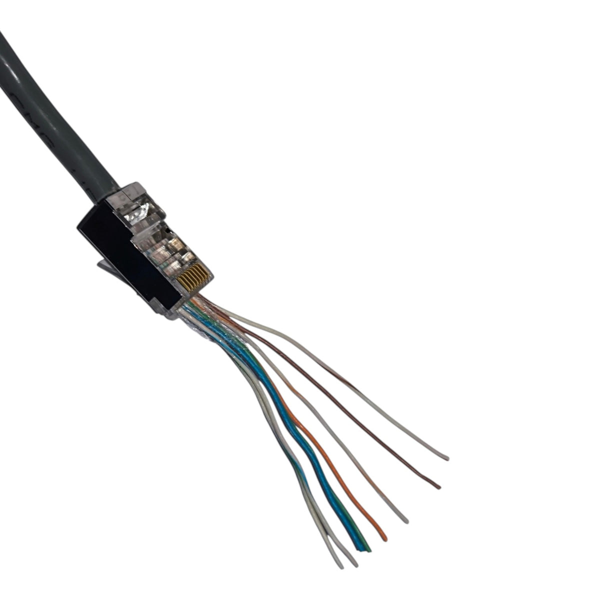 A close-up of a RJ45 Ethernet connector showing the internal twisted pair wires, including blue, orange, brown, white, and gray wires, on a solid white background.